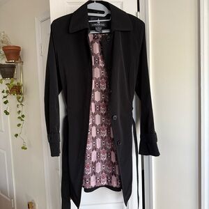 London Fog Black Belted Trench Coat Mid-Length Pink Pattern Lining - Size Medium